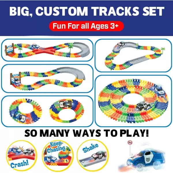 image142 Pieces Police Patrol Chase Create a Road Super Snap Speedway  Magic Journey Flexible Track Set with LED Light Up Toy Cars