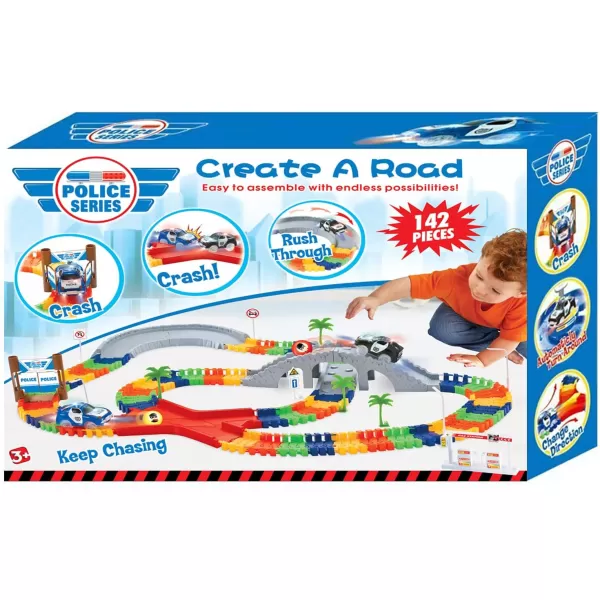 image142 Pieces Police Patrol Chase Create a Road Super Snap Speedway  Magic Journey Flexible Track Set with LED Light Up Toy Cars