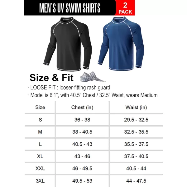 image2 Pack Mens Sun Protection Long Sleeve Swim Shirts UPF 50 Loose Fit Rash Guards Fishing Quick Dry ClothingBlackNavy