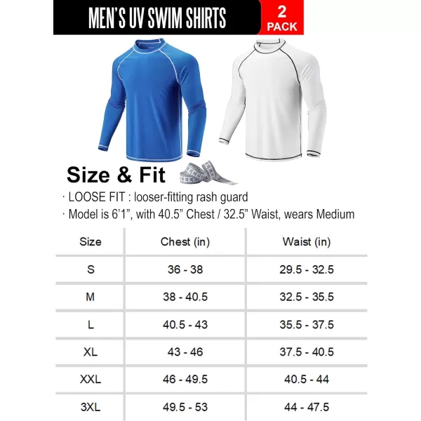 image2 Pack Mens Sun Protection Long Sleeve Swim Shirts UPF 50 Loose Fit Rash Guards Fishing Quick Dry ClothingBlueWhite