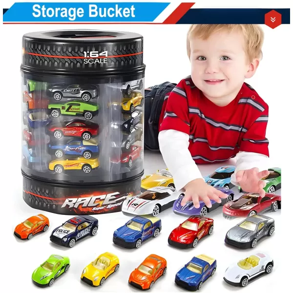 image25 Piece Diecast Cars Pack Toy Playset in Storage Carrying Tub  164 Scale Metal Alloy Diecast Vehicles Collection for Kids