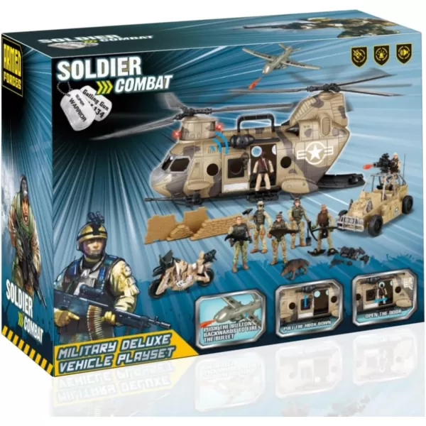 image26 PCS Army Men Helicopter Carrier Toys Military Soldier Action Figures Combat Truck Motorcycle Jumbo Transport Aircraft with Lights ampamp Sound Weapons Accessories Playset for Kids Boys
