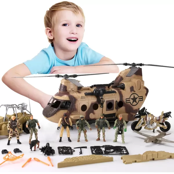 image26 PCS Army Men Helicopter Carrier Toys Military Soldier Action Figures Combat Truck Motorcycle Jumbo Transport Aircraft with Lights ampamp Sound Weapons Accessories Playset for Kids Boys