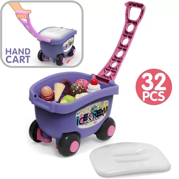image32 PCS Ice Cream Cart Toys for Toddlers Kids Pretend Play Food Scoop ampamp Serve Macaroon Dessert Set Kitchen Accessories Icecream Shop Wagon