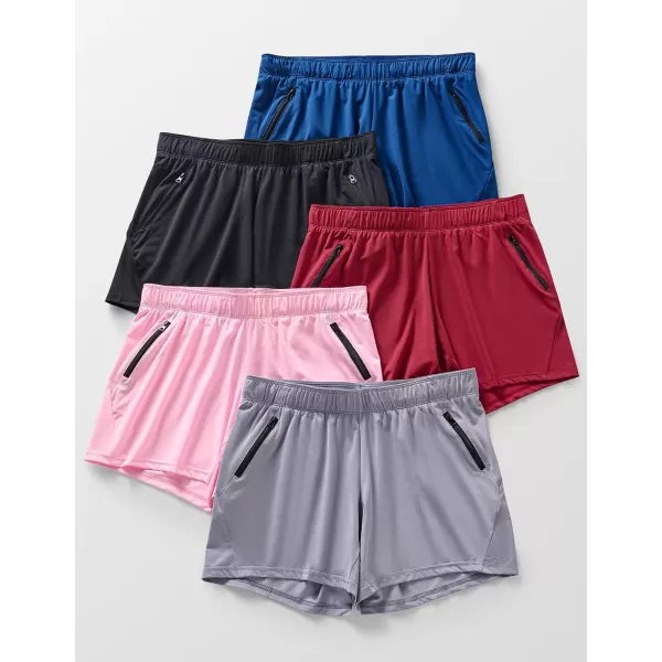 image5 Pack Womens Workout Gym Shorts Casual Lounge Set Ladies Active Athletic Apparel with Zipper PocketsBlackGrayMaroonLight PinkSteel Blue