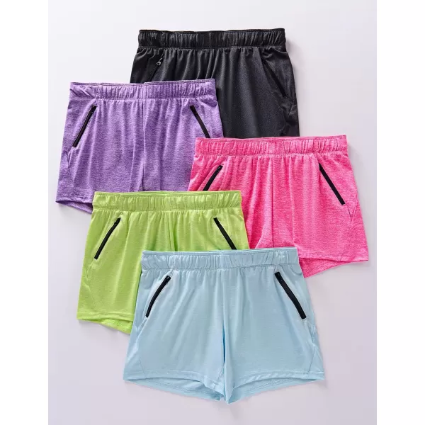image5 Pack Womens Workout Gym Shorts Casual Lounge Set Ladies Active Athletic Apparel with Zipper PocketsBlackPurpleBaby BlueBright PinkNeon Yellow