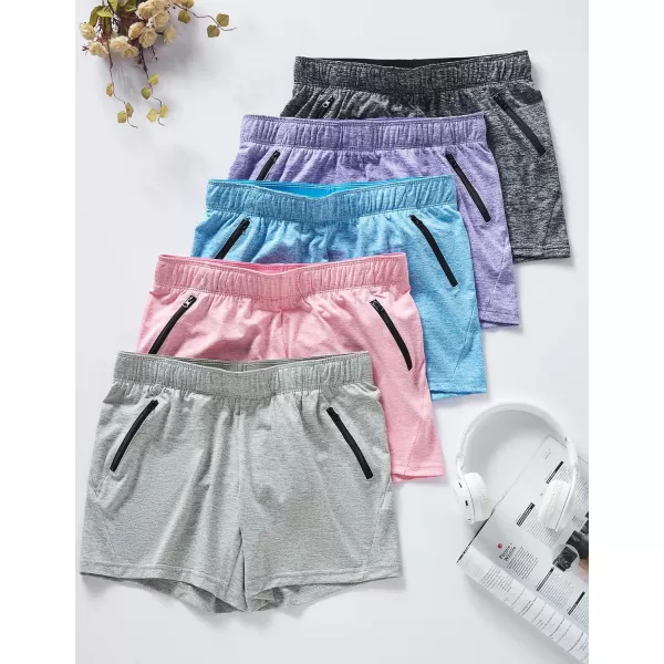 image5 Pack Womens Workout Gym Shorts Casual Lounge Set Ladies Active Athletic Apparel with Zipper PocketsHeather BlackBluePurplePinkGray