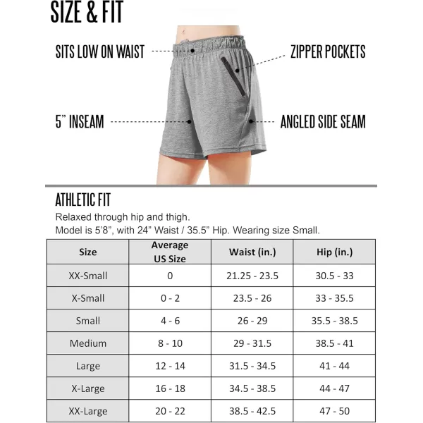 image5 Pack Womens Workout Gym Shorts Casual Lounge Set Ladies Active Athletic Apparel with Zipper PocketsHeather BlackGrayBlue