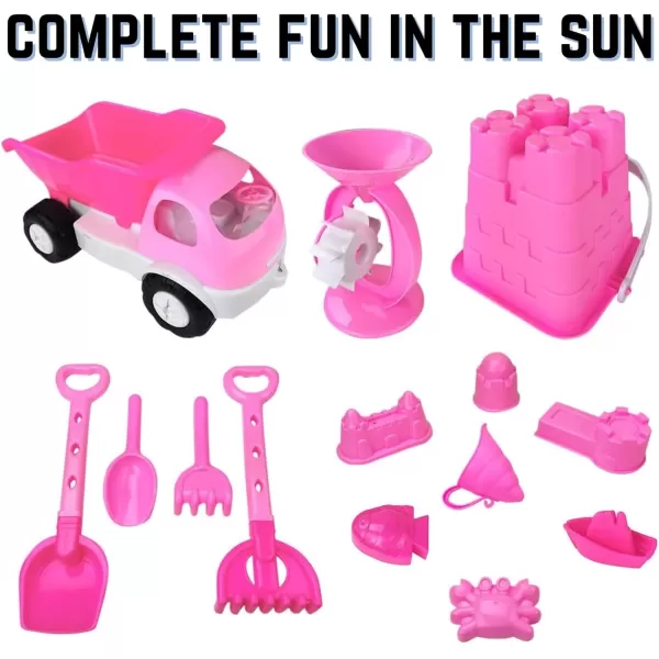 imageLiberty Imports 14 PCS Pink Sand Toys Princess Castle Beach Play Set for Girls with Dump Truck Sandwheel Bucket Play Tools and Sand Molds Imaginative Playset for Kids Toddlers