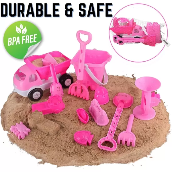 imageLiberty Imports 14 PCS Pink Sand Toys Princess Castle Beach Play Set for Girls with Dump Truck Sandwheel Bucket Play Tools and Sand Molds Imaginative Playset for Kids Toddlers