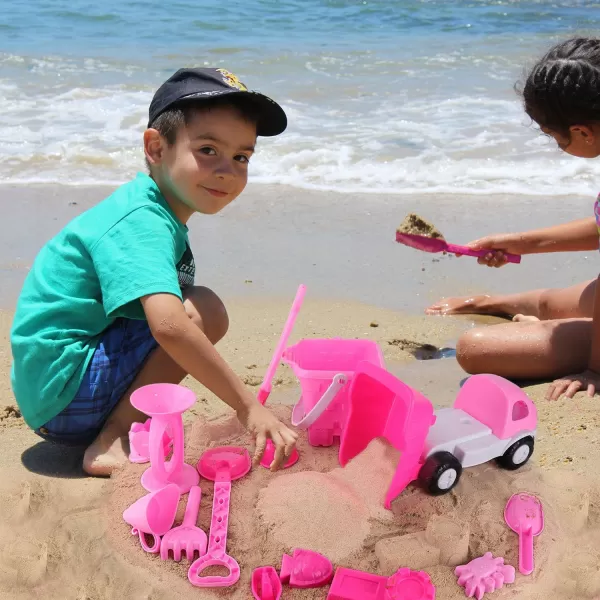 imageLiberty Imports 14 PCS Pink Sand Toys Princess Castle Beach Play Set for Girls with Dump Truck Sandwheel Bucket Play Tools and Sand Molds Imaginative Playset for Kids Toddlers