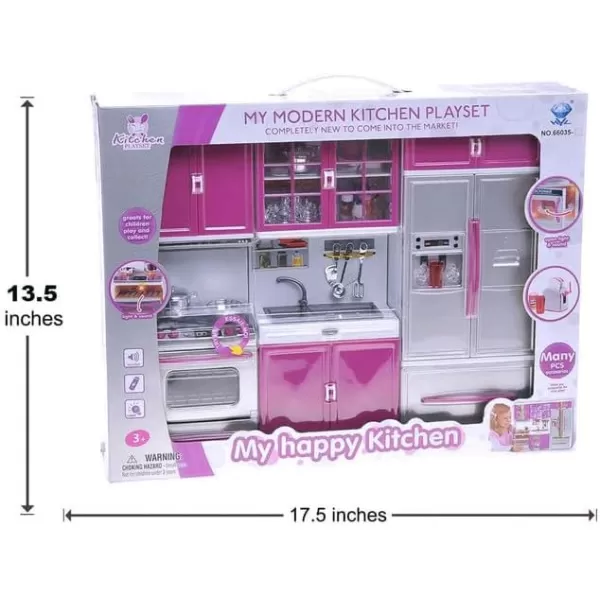 imageLiberty Imports Doll Kitchen Playset for Kids My Modern Mini Kitchen House Furniture Pretend Play Toy Accessories Set with Realistic Lights ampamp Sounds for Toddlers Girls 3in13in1 Kitchen Set