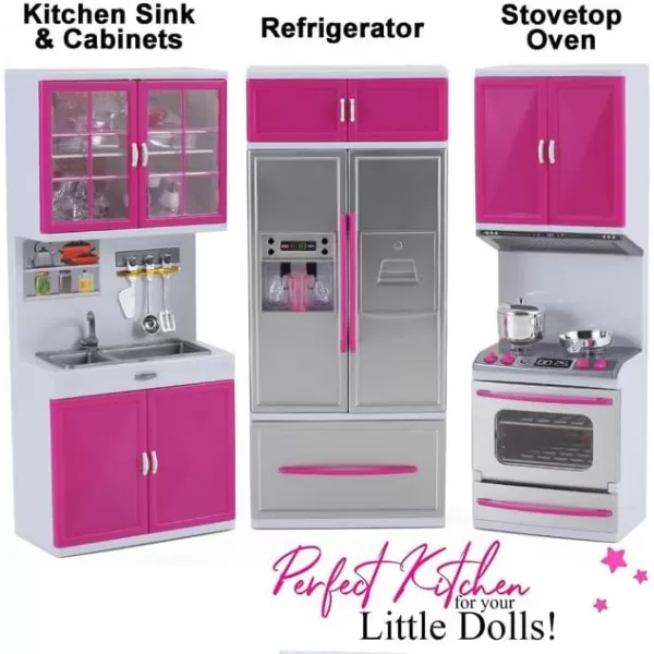 imageLiberty Imports Doll Kitchen Playset for Kids My Modern Mini Kitchen House Furniture Pretend Play Toy Accessories Set with Realistic Lights ampamp Sounds for Toddlers Girls 3in13in1 Kitchen Set