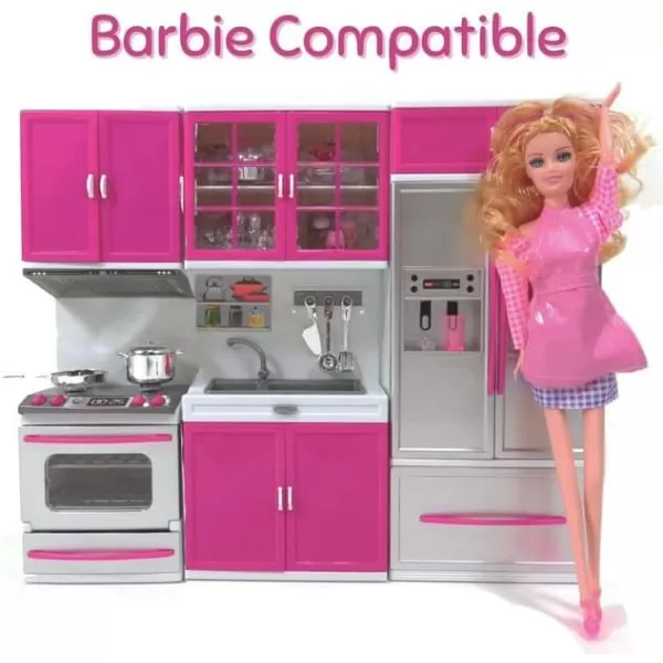 imageLiberty Imports Doll Kitchen Playset for Kids My Modern Mini Kitchen House Furniture Pretend Play Toy Accessories Set with Realistic Lights ampamp Sounds for Toddlers Girls 3in13in1 Kitchen Set
