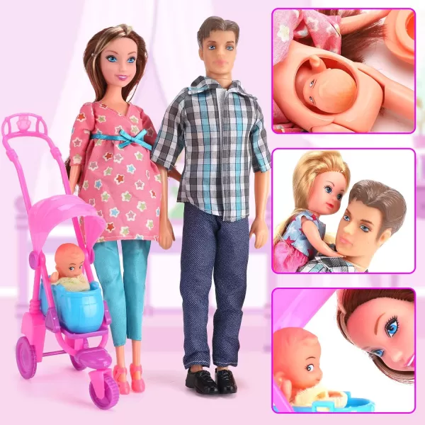 imageLiberty Imports Happy Family Welcome Baby 115Inch Pregnant Doll Toy Husband ampamp Wife with Daughter Newborn Stroller and Accessories Playset 22 Pieces