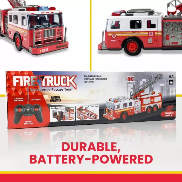 imageLiberty Imports RC Fire Truck  Big Remote Control Toy Fire Truck  14quot Rescue Fire Engine with Flashing Lights and Siren Sounds Extendable Rescue Ladder for Kids