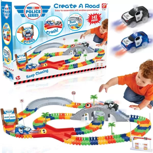 image142 Pieces Police Patrol Chase Create a Road Super Snap Speedway  Magic Journey Flexible Track Set with LED Light Up Toy Cars