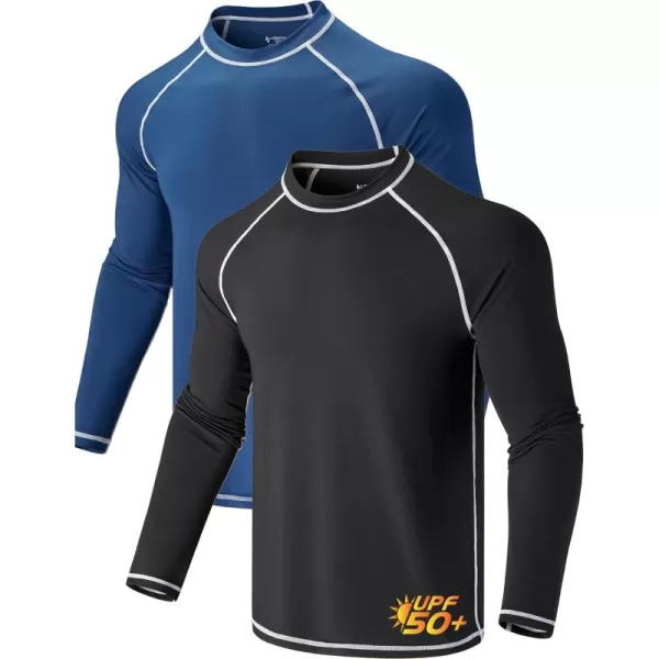 image2 Pack Mens Sun Protection Long Sleeve Swim Shirts UPF 50 Loose Fit Rash Guards Fishing Quick Dry ClothingBlackNavy