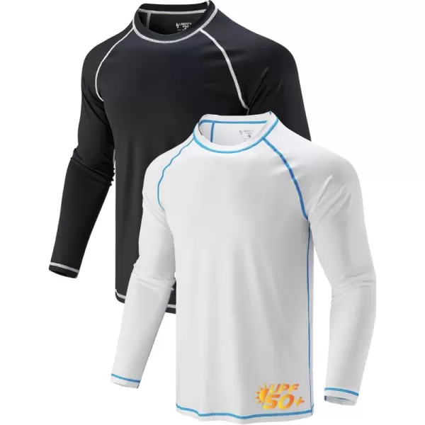 image2 Pack Mens Sun Protection Long Sleeve Swim Shirts UPF 50 Loose Fit Rash Guards Fishing Quick Dry ClothingBlackWhite