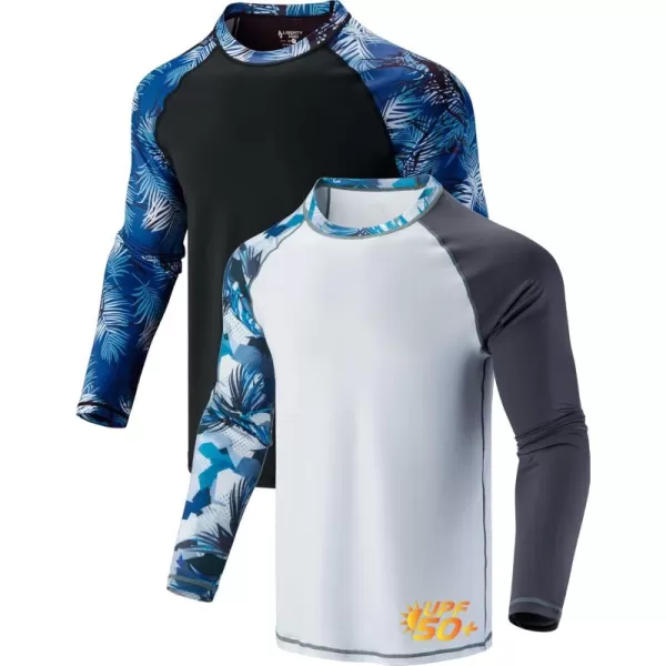 image2 Pack Mens Sun Protection Long Sleeve Swim Shirts UPF 50 Loose Fit Rash Guards Fishing Quick Dry ClothingContrast Sleeves BlackWhite