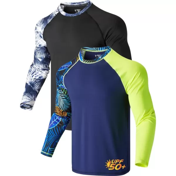 image2 Pack Mens Sun Protection Long Sleeve Swim Shirts UPF 50 Loose Fit Rash Guards Fishing Quick Dry ClothingContrast Sleeves NavyBlack