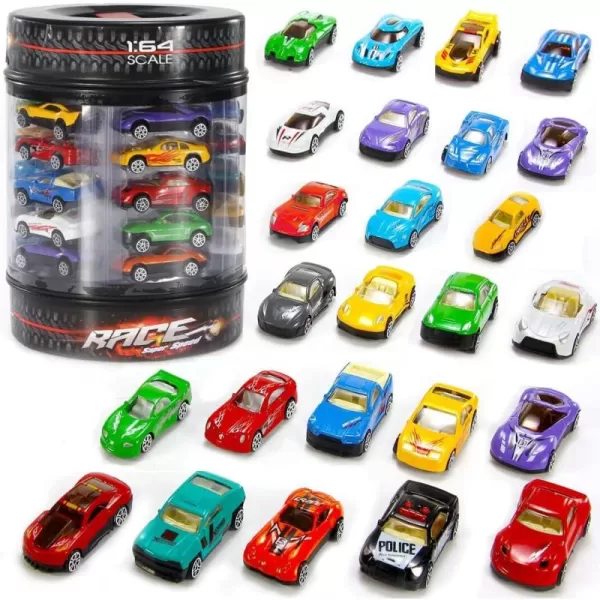 image25 Piece Diecast Cars Pack Toy Playset in Storage Carrying Tub  164 Scale Metal Alloy Diecast Vehicles Collection for Kids