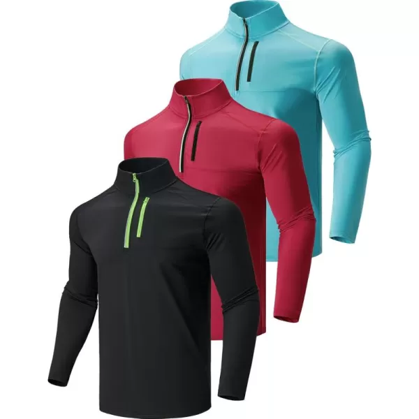 image3 Pack Mens Quarter 14 Zip Pullover Long Sleeve Workout Jackets Athletic Dry Fit Running ShirtsBlackBurgundyGlacier Blue