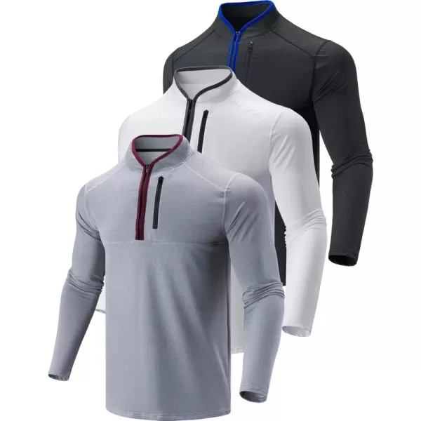 image3 Pack Mens Quarter 14 Zip Pullover Long Sleeve Workout Jackets Athletic Dry Fit Running ShirtsBlackWhiteGray