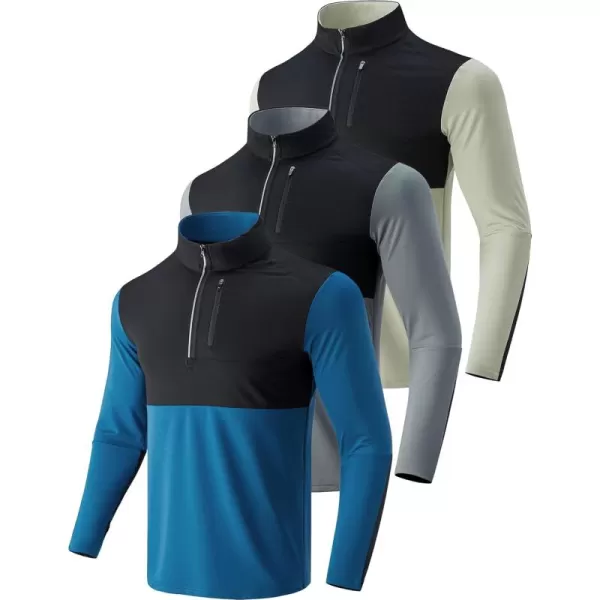 image3 Pack Mens Quarter 14 Zip Pullover Long Sleeve Workout Jackets Athletic Dry Fit Running ShirtsGrayKhakiBlue