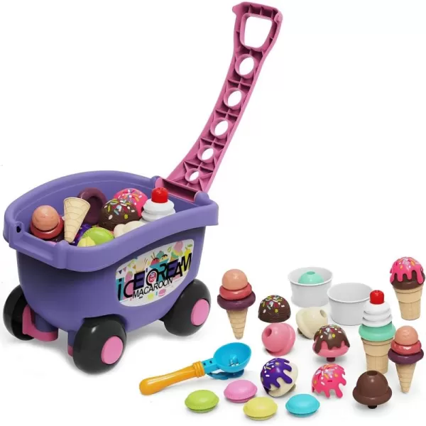 image32 PCS Ice Cream Cart Toys for Toddlers Kids Pretend Play Food Scoop ampamp Serve Macaroon Dessert Set Kitchen Accessories Icecream Shop Wagon