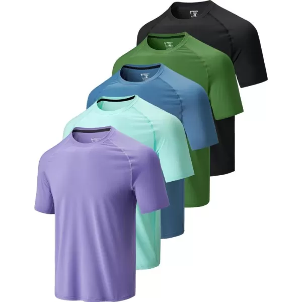 image5 Pack Mens Active Quick Dry Crew Neck T Shirts  Athletic Running Gym Workout Short Sleeve Tee Tops BulkBlackOliveCyan BlueDark LavenderSoft Denim