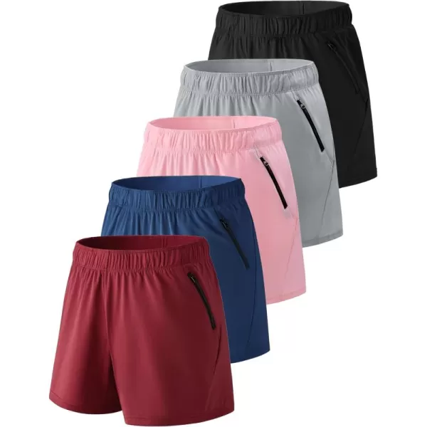 image5 Pack Womens Workout Gym Shorts Casual Lounge Set Ladies Active Athletic Apparel with Zipper PocketsBlackGrayMaroonLight PinkSteel Blue