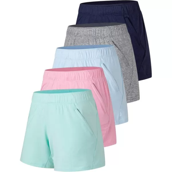 image5 Pack Womens Workout Gym Shorts Casual Lounge Set Ladies Active Athletic Apparel with Zipper PocketsHeather MintPinkBlueGrayNavy