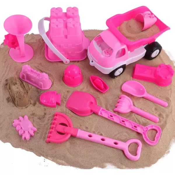imageLiberty Imports 14 PCS Pink Sand Toys Princess Castle Beach Play Set for Girls with Dump Truck Sandwheel Bucket Play Tools and Sand Molds Imaginative Playset for Kids Toddlers