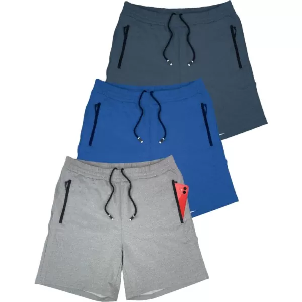 imageLiberty Imports 3 Pack Mens Sweat Shorts Athletic Casual Jogger Shorts with Zipper Pockets Terry Performance Tech ActivewearGrayBlueCharcoal