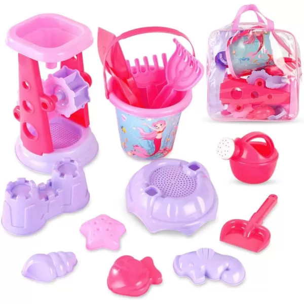 imageLiberty Imports Pink Princess Sand Wheel Beach Set Toy with Zippered Bag for Girls  Includes Sand Sifter Mermaid Bucket Water Pot Play Tools and Molds 13 Pcs Playset