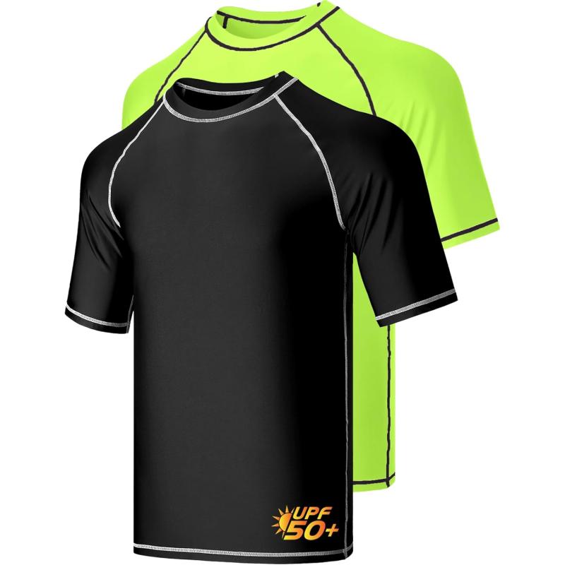 imageLiberty Imports 2Pack Mens UV Short Sleeve Swim Shirts Loose Fit Rash GuardsBlackLime