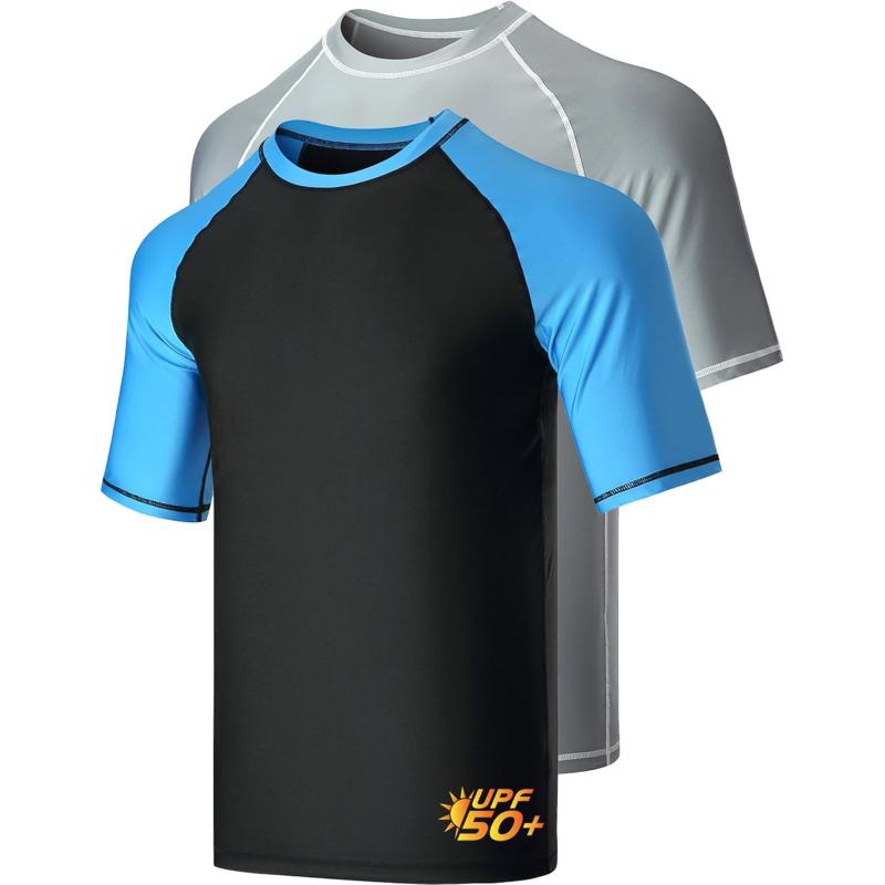 imageLiberty Imports 2Pack Mens UV Short Sleeve Swim Shirts Loose Fit Rash GuardsBlackblueGray