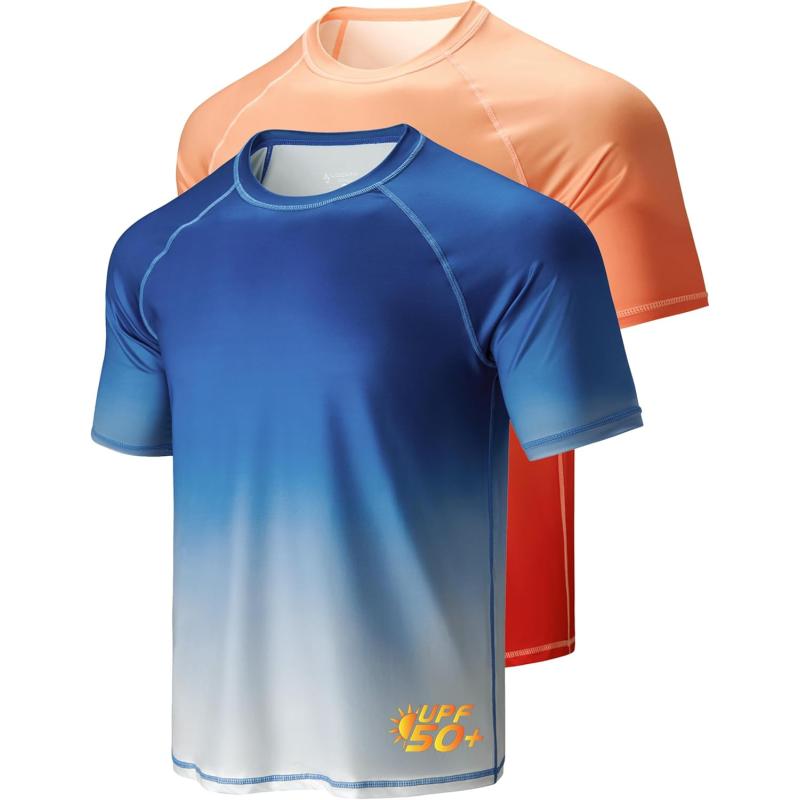 imageLiberty Imports 2Pack Mens UV Short Sleeve Swim Shirts Loose Fit Rash GuardsGradient BlueOrange