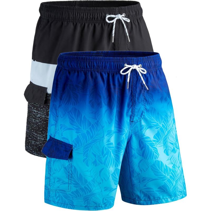 imageMens 9quot Quick Dry Swim Trunks with Mesh Lining and Cargo Pockets Beach Shorts Bathing Suits2 Pack Color BlockTropical