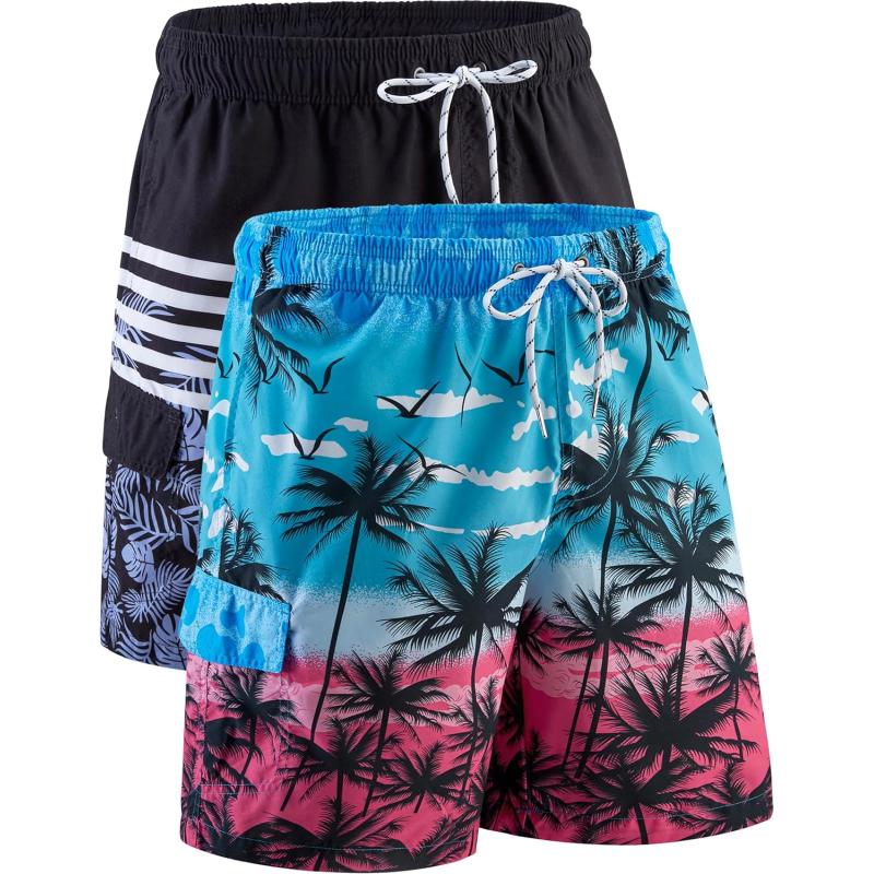 imageMens 9quot Quick Dry Swim Trunks with Mesh Lining and Cargo Pockets Beach Shorts Bathing SuitsBeach Sunset  Monochrome Leaf