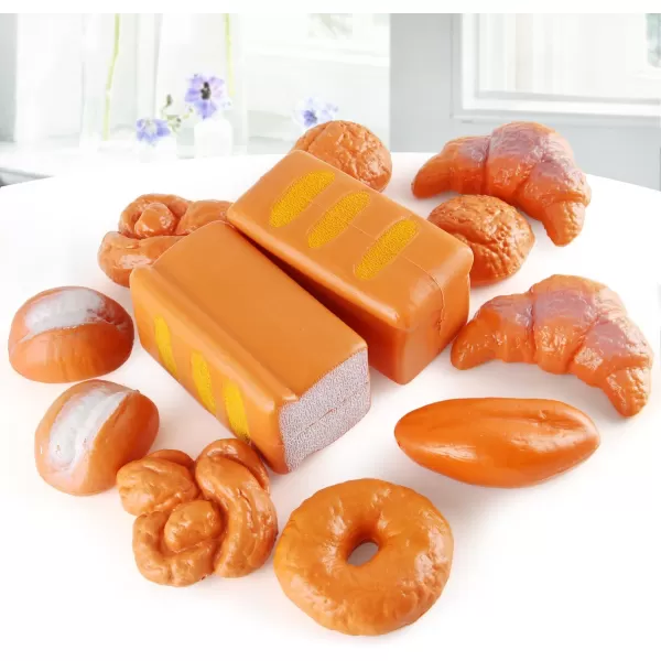 image12 PCS Fake Bread Pastries Set Life Sized Plastic Pretend Play Food Toy Kids Bakery Grocery Kitchen Playset