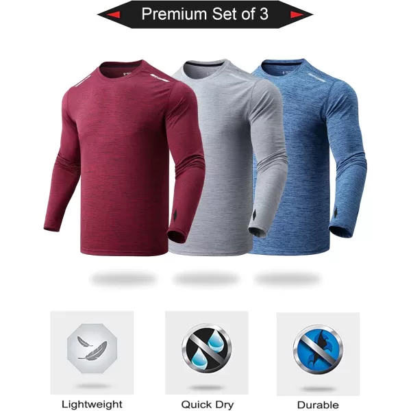 image3 Pack Mens Long Sleeve T Shirts Dry Fit UV Sun Protection Outdoor Hiking Athletic Active Tops with Thumb HolesHeather Light GrayBlueMaroon