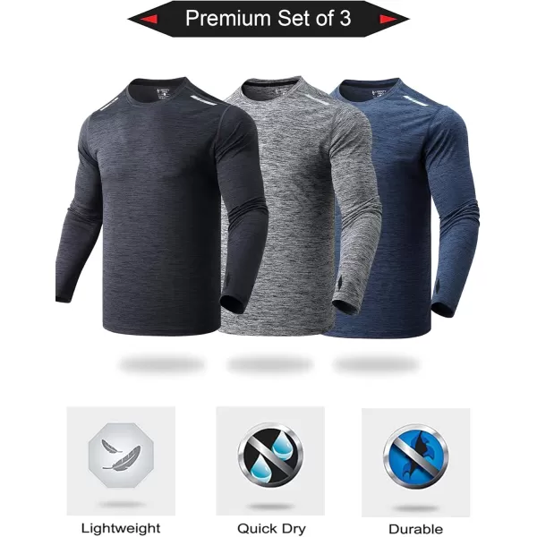 image3 Pack Mens Long Sleeve T Shirts Dry Fit UV Sun Protection Outdoor Hiking Athletic Active Tops with Thumb HolesHeather NavyBlackDark Grey