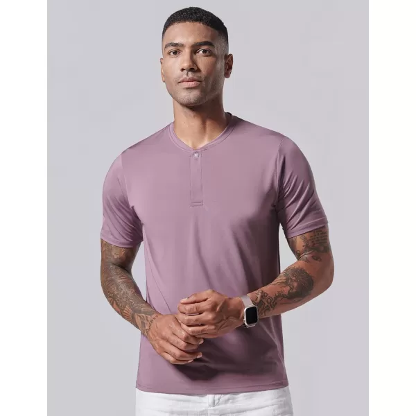 image3 Pack Mens Polo Shirts Business Casual Golf Henley Work Shirts for Men Collarless Short Sleeve Stylish Athletic TshirtsOliveBlackMisty Purple