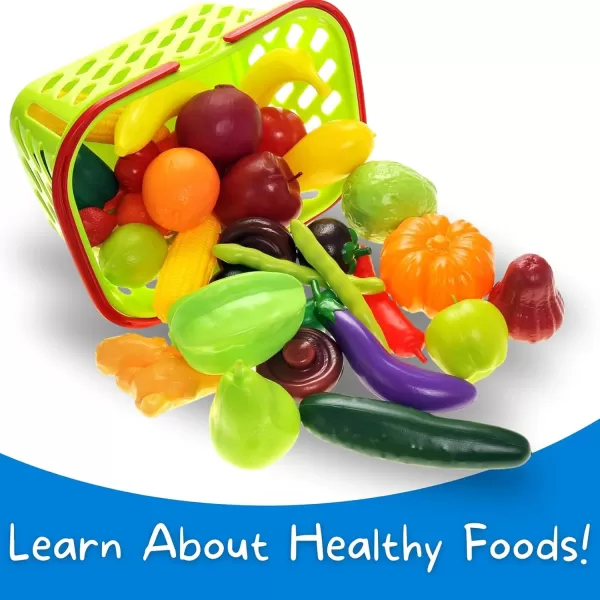 image38 PCS Fruits and Vegetables Shopping Basket Play Food Plastic Toys Set Healthy Farmers Market Grocery Educational Pretend Play Set for Kids