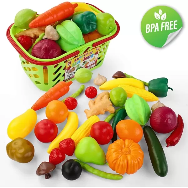 image38 PCS Fruits and Vegetables Shopping Basket Play Food Plastic Toys Set Healthy Farmers Market Grocery Educational Pretend Play Set for Kids