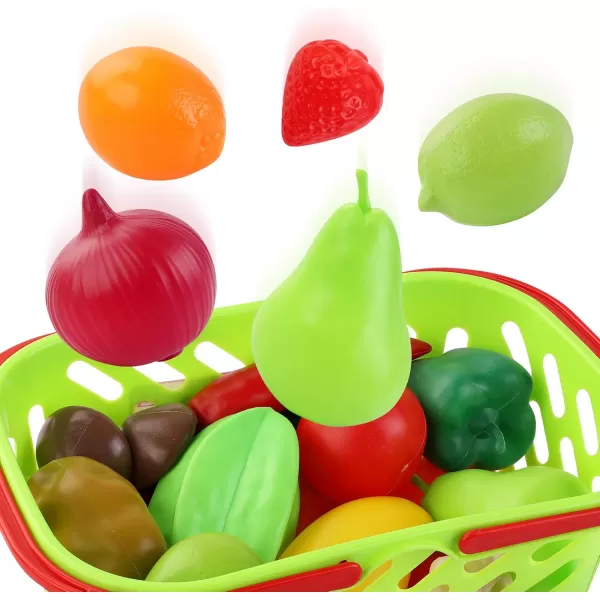 image38 PCS Fruits and Vegetables Shopping Basket Play Food Plastic Toys Set Healthy Farmers Market Grocery Educational Pretend Play Set for Kids