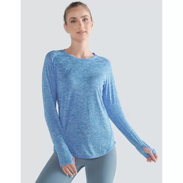 image4Pack Womens Long Sleeve Athletic Tops with Thumb Holes  Dry Fit Active Crewneck Workout TeesCoralTurquoiseRose PinkCendre Blue