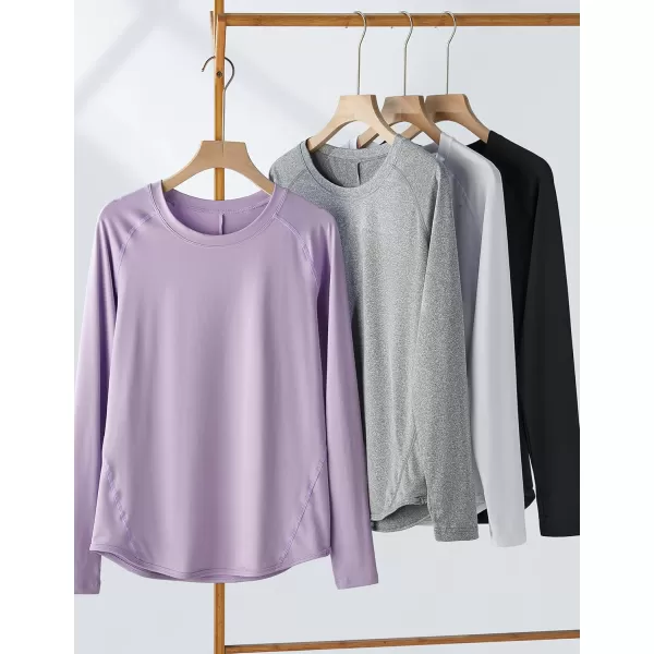 image4Pack Womens Long Sleeve Athletic Tops with Thumb Holes  Dry Fit Active Crewneck Workout TeesGrayWhiteBlackLight Lavender